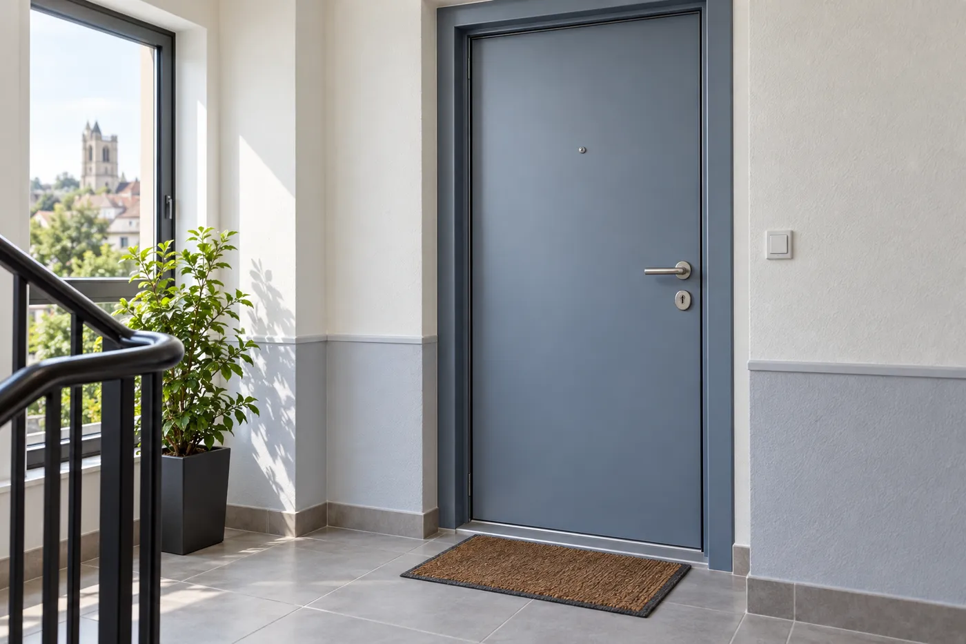 Porte palière blindée posée sur le palier d'une copropriété